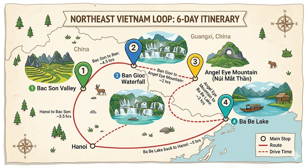 Map of a 6-day northeast Vietnam itinerary covering Bac Son, Ban Gioc waterfall, Angel Eye Mountain, and Ba Be Lake.